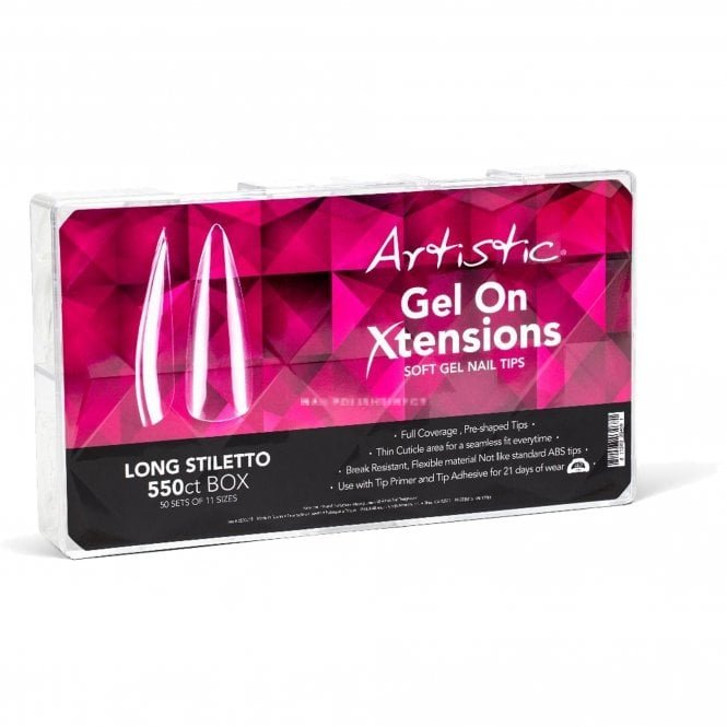 Artistic Colour Gloss Gel On Xtensions - Pre Shaped False Nail Tips - Long Stiletto (Pack Of 550) (2500015)