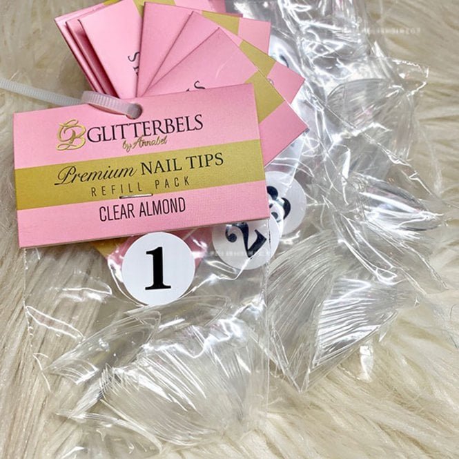 Glitterbels Clear Almond False Nail Tips - Clear (Refill) (Sizes 1 To 10) - (Pack Of 50)