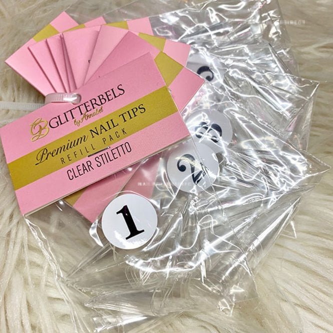 Glitterbels Clear Stiletto False Nail Tips - Clear (Refill) (Sizes 1 To 10) - (Pack Of 50)
