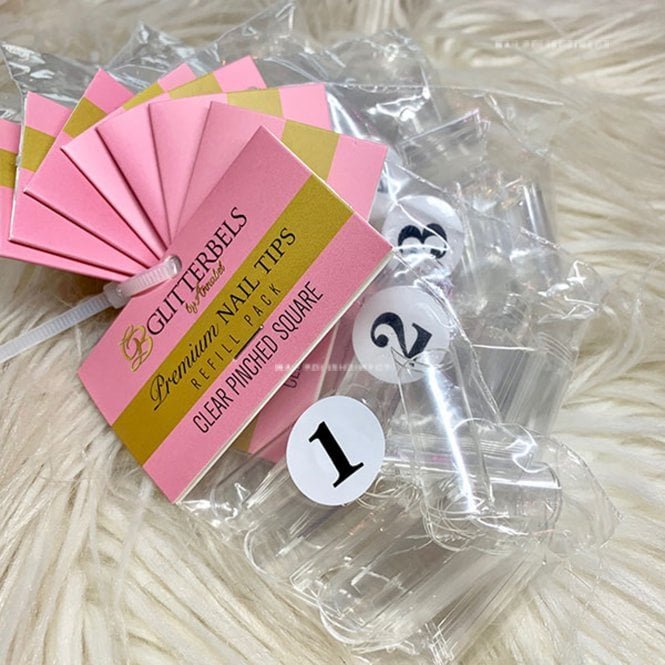 Glitterbels Pinched Square False Nail Tips - Clear (Refill) (Sizes 1 To 10) - (Pack Of 50)