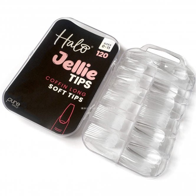Halo Jellie Tips - Vegan Soft Gel Nail Tips - Coffin Long (120 Pcs & Sizes 0-11)(JCL100)