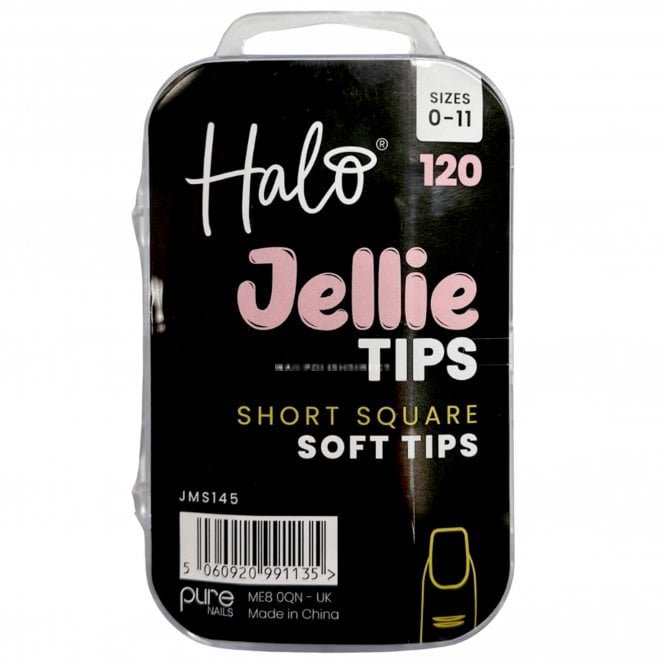 Halo Jellie Tips - Vegan Soft Gel Nail Tips - Short Square (120 Pcs & Sizes 0-11)(JMS145)