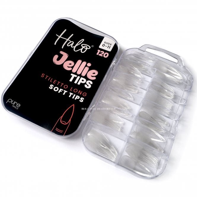 Halo Jellie Tips - Vegan Soft Gel Nail Tips - Stiletto Long (120 Pcs & Sizes 0-11)(JSL100)