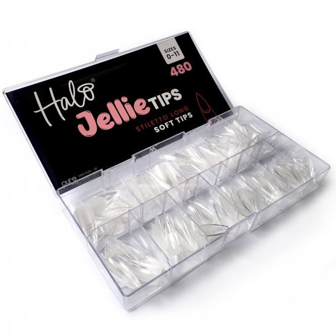 Halo Jellie Tips - Vegan Soft Gel Nail Tips - Stiletto Long (480 Pcs & Sizes 0-11)(JSL101)