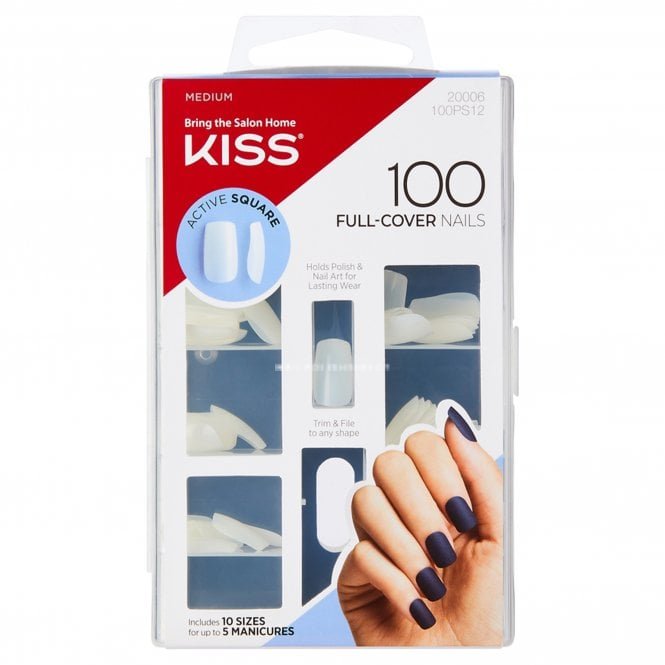 Kiss Inc. Full Cover Nail Tips - Active Square (100 Nail Tips & Adhesive 3g)